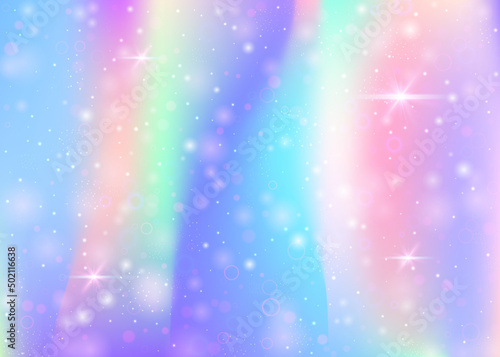 Unicorn background with rainbow mesh. Girlie universe banner in princess colors. Fantasy gradient backdrop with hologram. Holographic unicorn background with magic sparkles  stars and blurs.