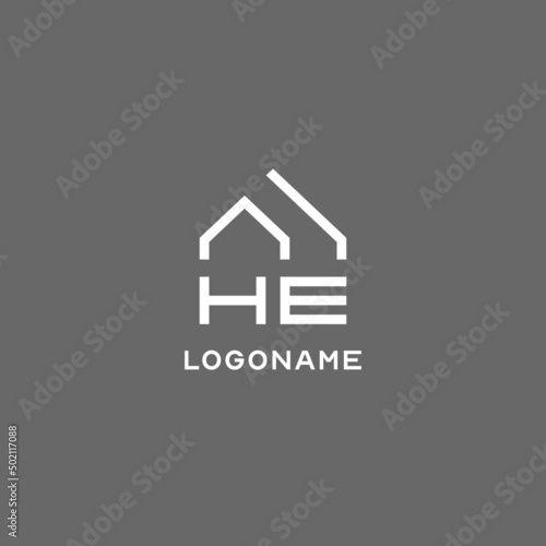 Monogram HE house roof shape, simple modern real estate logo design