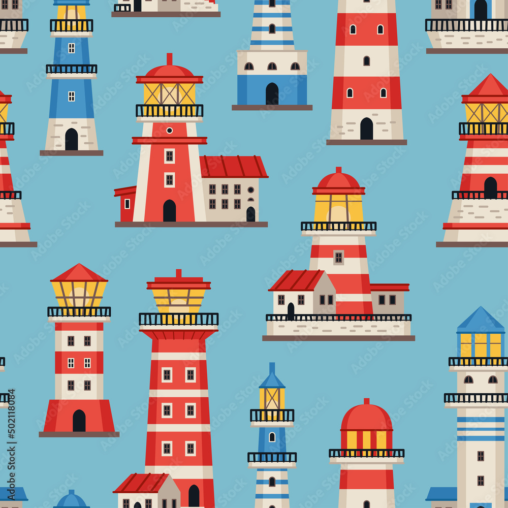 Vector flat style lighthouses with searchlight, marine navigation seamless pattern. Nautical elements theme. Sea wallpaper. For children designs, textiles, packaging. Vector illustration