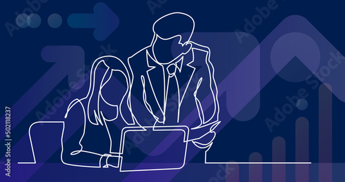 continuous line drawing of boss and employee discussing work task