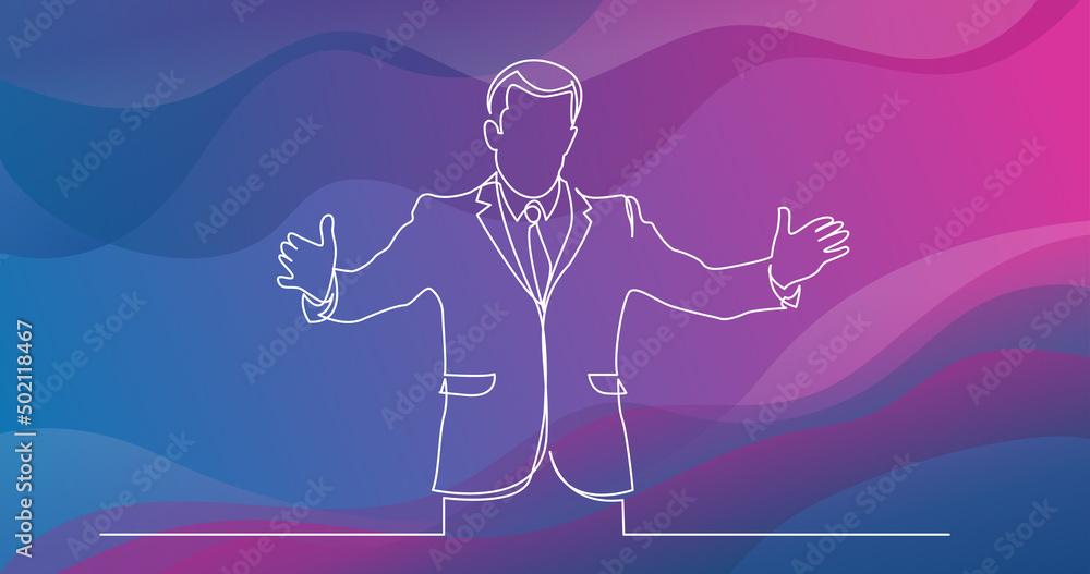 continuous line drawing of standing businessman showing with his hands continuous line drawing of standing businessman showing with his hands