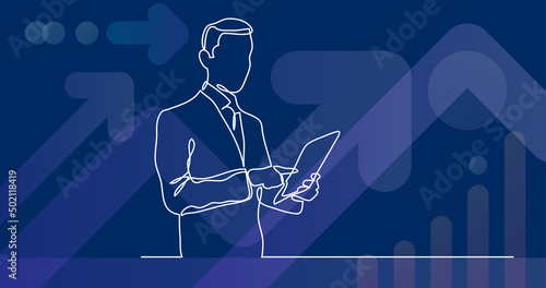 standing businessman holding tablet - continuous line drawing