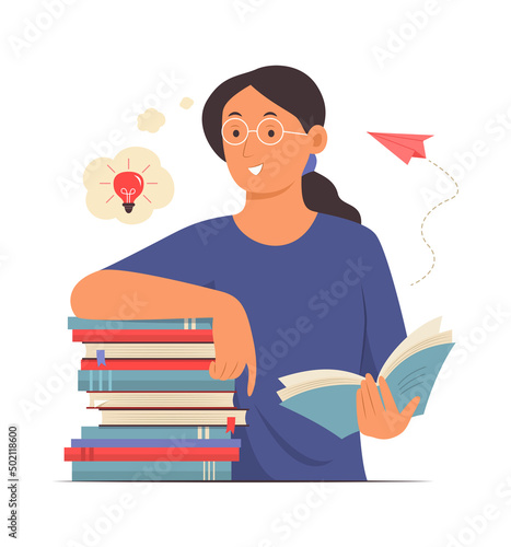 Woman Reading a Book and Thinking Good Idea.