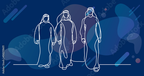 walking arab men in keffiyeh - single line drawing
