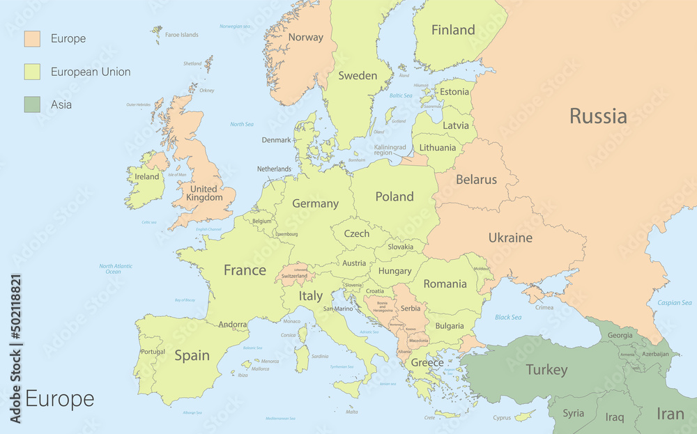 Europe with European Union and parts of Asia, classic color detailed map with states islands and sea with names vector