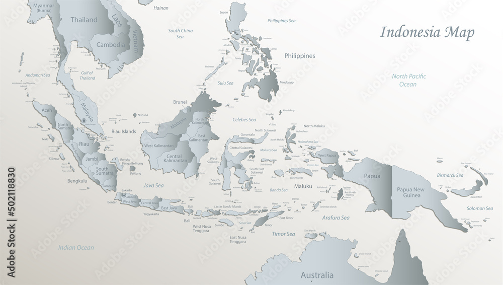 Naklejka premium Indonesia map, administrative division with names, white blue card paper 3D vector