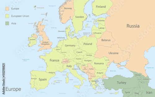 Europe with European Union and parts of Asia  classic color detailed map with states islands and sea with names vector