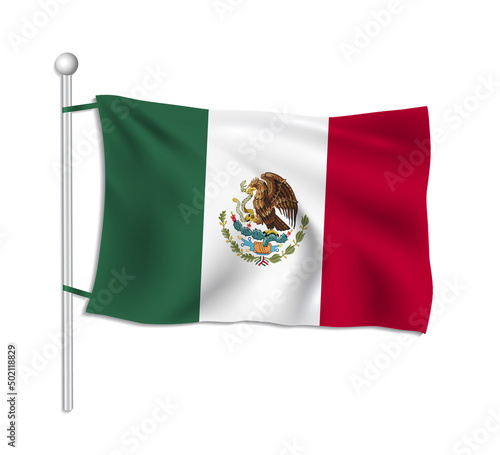 Mexico flag waves on a flagpole, white background vector