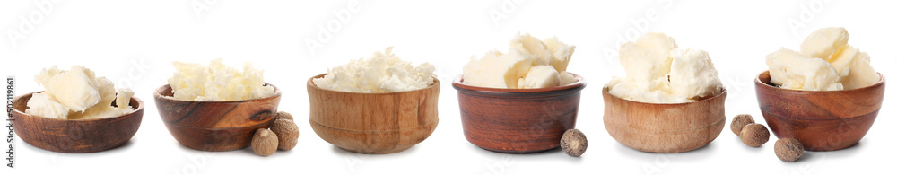 Set of bowls with shea butter isolated on white Set of bowls with shea butter isolated on white