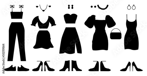 Silhouette dress, blouse and skirt suits, top and pants, earrings and bead, hand bag, high-heeled stiletto shoes, set moccasins. Glamorous stylish clothes. Accessories and jewelry. Vector illustration