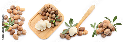 Set of shea nuts and butter isolated on white