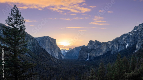 Sunrise over Yosemite Valley with Waterfall