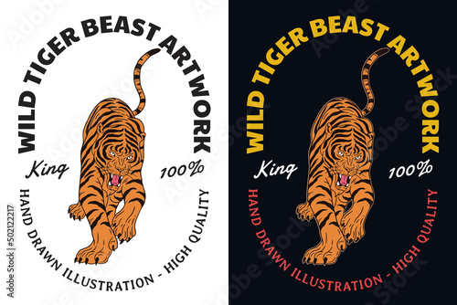 Set Dark illustration Tiger Beast Big Cat Head and Pose Hand drawn Hatching Outline Symbol Tattoo Merchandise T-shirt Merch vintage