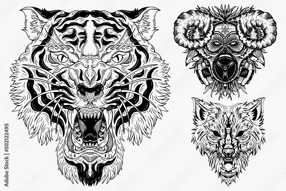 Fototapeta premium Set Dark illustration Beast Tiger Wolf Goat Head Bones Hand drawn Hatching Outline Style for Tattoo Merchandise T-shirt Merch vintage