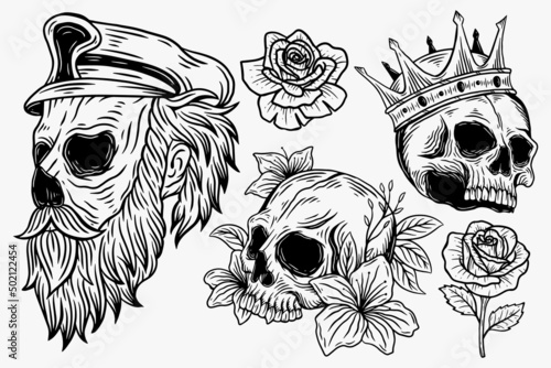 Set Dark illustration Skull Head Bones Crown Sailor Hand drawn Hatching Outline Style for Tattoo Merchandise T-shirt Merch vintage