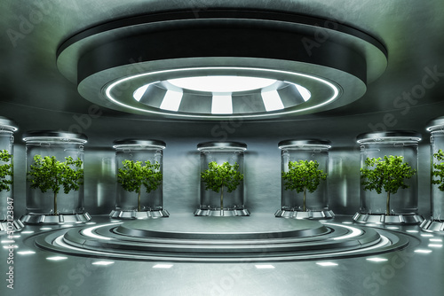 Dark hydroponics Lab room on spacecraft with metal circle podium empty.