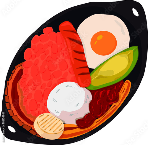 la tradicional bandeja paisa colombiana, un plato típico, servido en un plato de barro, demostrando la mezcla cultural y gastronómica  los pueblos americanos y europeos.