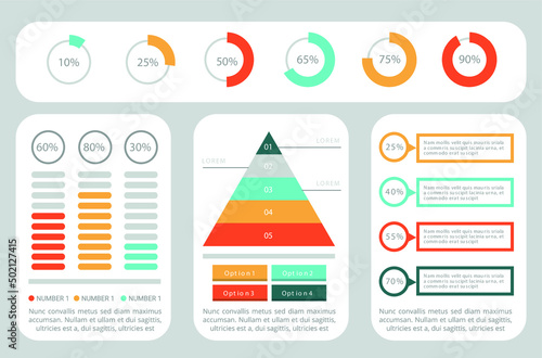 Modern infographic dashboard template with circular progress charts, pyramid diagram, data statistics panels and colorful UI elements. Perfect for business reports, presentations, analytics dashboards
