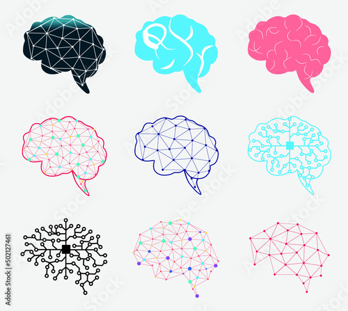 Collection of human brain icons made with neural network lines and geometric connections. Modern vector set representing artificial intelligence, neuroscience, thinking, technology, and digital innova