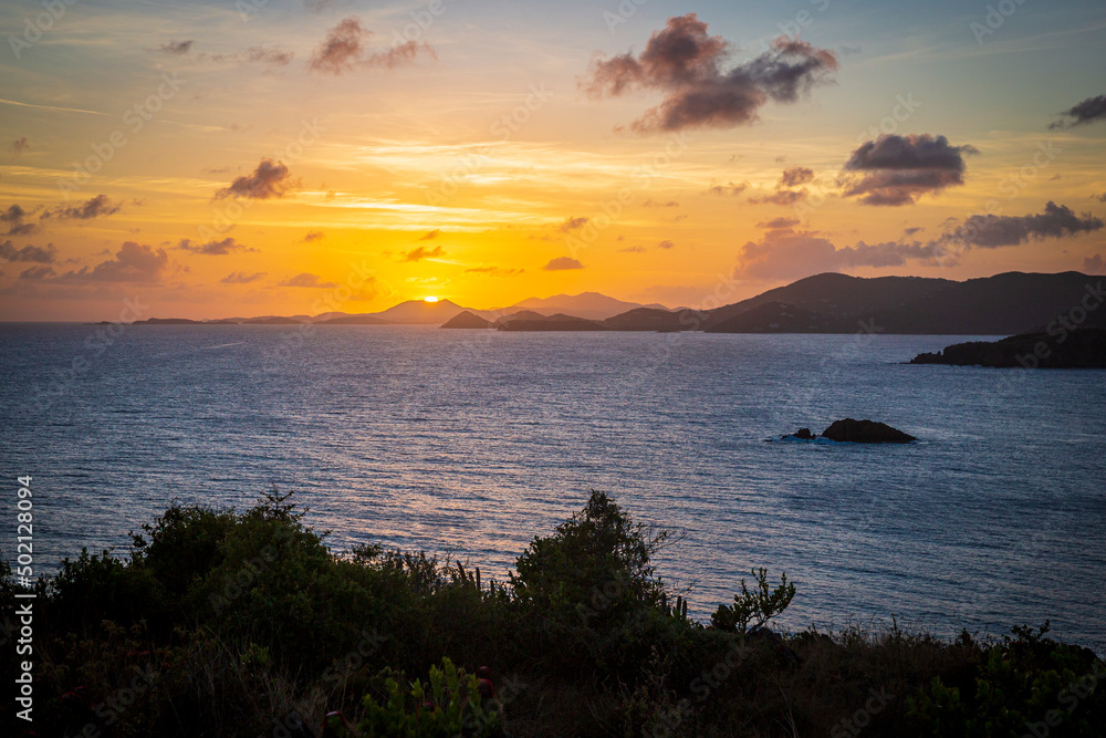 Beautiful landscape view of the sunset in the U.S. Virgin Islands National Park on the island of Saint John. Beautiful landscape view of the sunset in the U.S. Virgin Islands National Park on the island of Saint John.