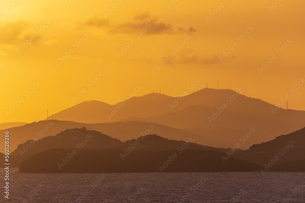 Beautiful landscape view of the sunset in the U.S. Virgin Islands National Park on the island of Saint John.