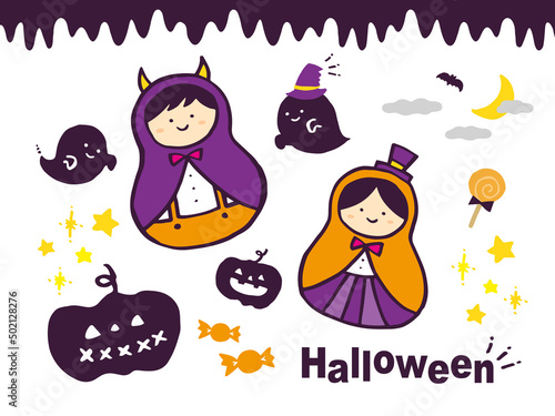 かわいいハロウィンの仮装した子どもとかぼちゃ／手画きイラスト素材