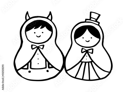 かわいいハロウィンの仮装した子どもの線画／手画きイラスト素材