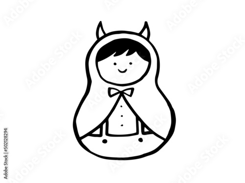 かわいいハロウィンの仮装した子どもの線画／手画きイラスト素材