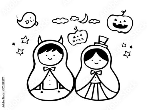 かわいいハロウィンの仮装した子どもとかぼちゃとゴーストの線画／手描きイラスト素材