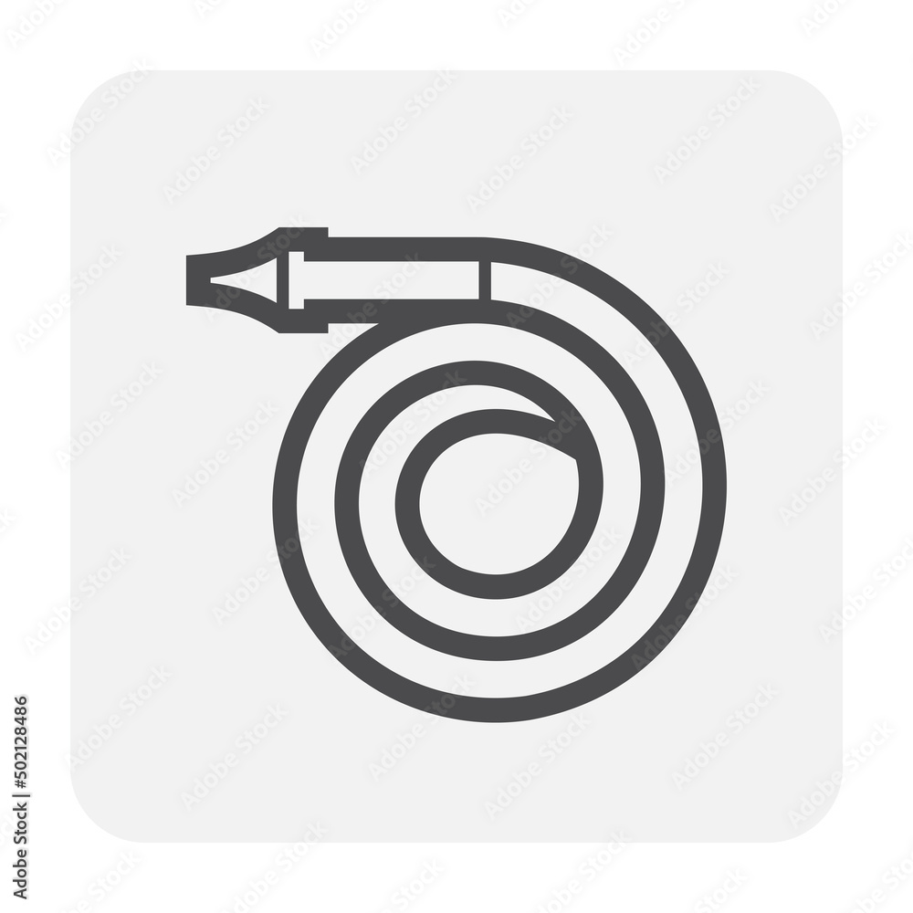 Fire hose or firehose with nozzle vector icon. Extinguisher or safety equipment tool for firefighter by connect with pipe hydrant, pump to extinguish, fighting fire, protection and rescue in emergency Fire hose or firehose with nozzle vector icon. Extinguisher or safety equipment tool for firefighter by connect with pipe hydrant, pump to extinguish, fighting fire, protection and rescue in emergency