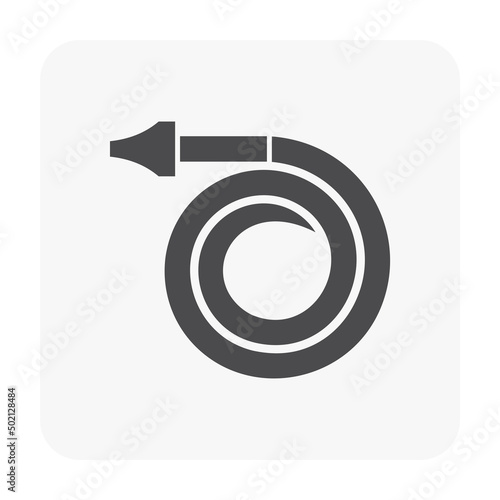 Fire hose or firehose with nozzle vector icon. Extinguisher or safety equipment tool for firefighter by connect with pipe hydrant, pump to extinguish, fighting fire, protection and rescue in emergency