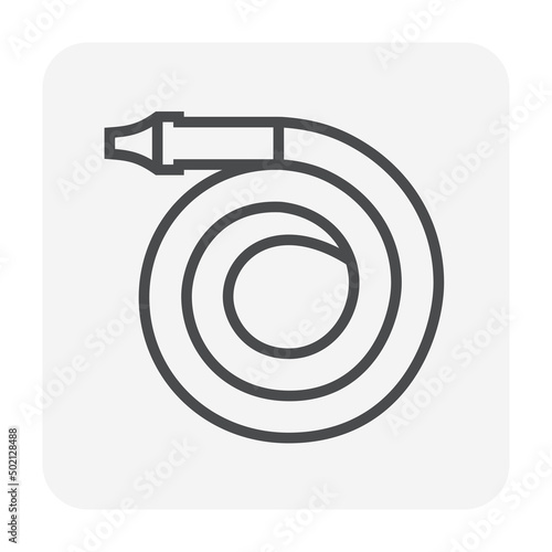 Fire hose or firehose with nozzle vector icon. Extinguisher or safety equipment tool for firefighter by connect with pipe hydrant to extinguish, fighting fire, protection and rescue. Editable stroke.