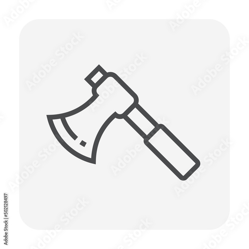 Axe vector icon. May called ax, fire axe, throwing axe or hatchet.  Weapon or equipment tool with handle grip, head for firefighter, use to rescue, protection. Also build, cut wood, camping. 64x64 px
