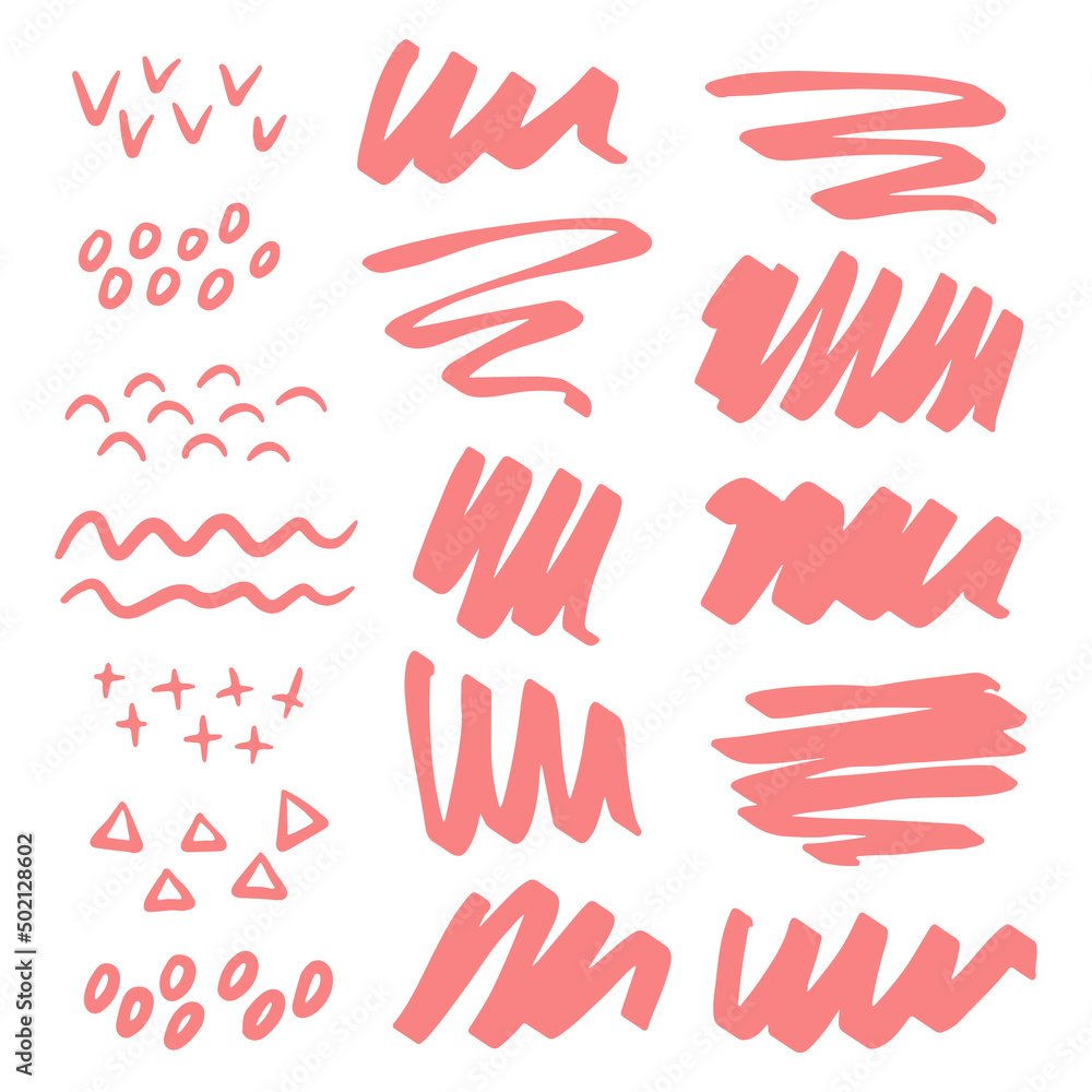 Set of abstract brushstrokes, lines, spots and textures in pink colors. Vector hand-drawn illustration isolated on white background. Perfect for decorations, various designs. Set of abstract brushstrokes, lines, spots and textures in pink colors. Vector hand-drawn illustration isolated on white background. Perfect for decorations, various designs.