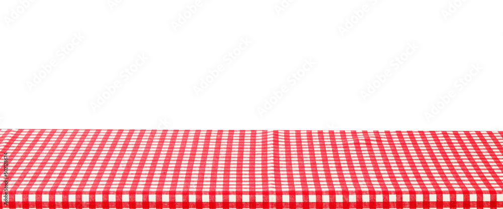 Empty table with red and white check pattern tablecloth over white wall background, banner, table top, shelf, counter design for product display montage Empty table with red and white check pattern tablecloth over white wall background, banner, table top, shelf, counter design for product display montage