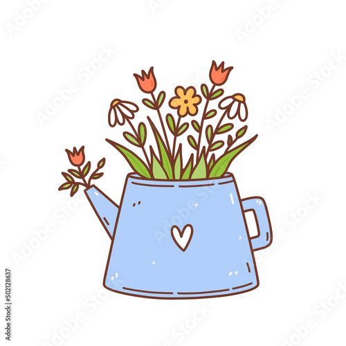 Cute spring flowers in a teapot isolated on white background. Vector hand-drawn illustration in doodle style. Perfect for cards, invitations, decorations, logo, various designs.
