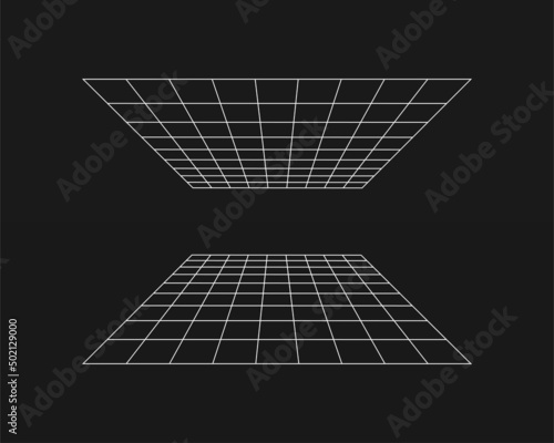 Cyber perspective grid extending into the horizon, retro punk perspective grid. Retro wave geometry on black background. Vector illustration.