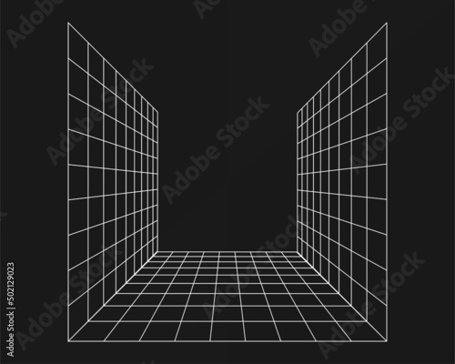 Cyber grid, retro punk perspective rectangular tunnel. Grid tunnel geometry on black background. Vector illustration