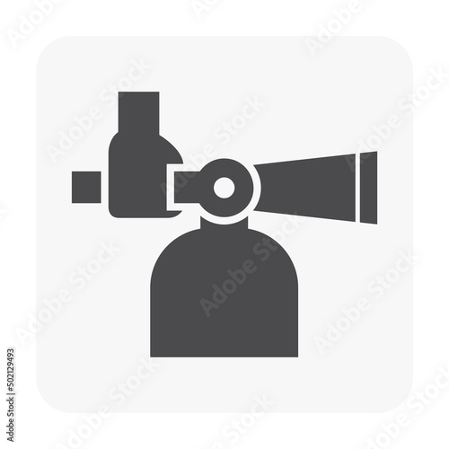 Fire extinguisher vector icon. Safety equipment or emergency tool with handle, sign, hose, chemical powder or foam for firefighter to extinguish, protection, prevention, suppression by spray to fire.
