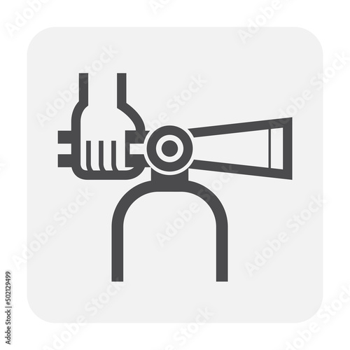 Fire extinguisher vector icon. Safety equipment or emergency tool with handle, sign, hose, chemical powder or foam for firefighter to extinguish, protection, prevention, suppression by spray to fire.
