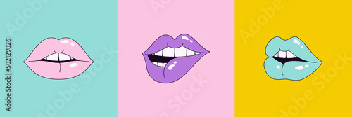 Lips Set in Pop Art 90's Style. Vector Illustration Women's Mouths in Different Emotions for Stickers, Logos, Patches