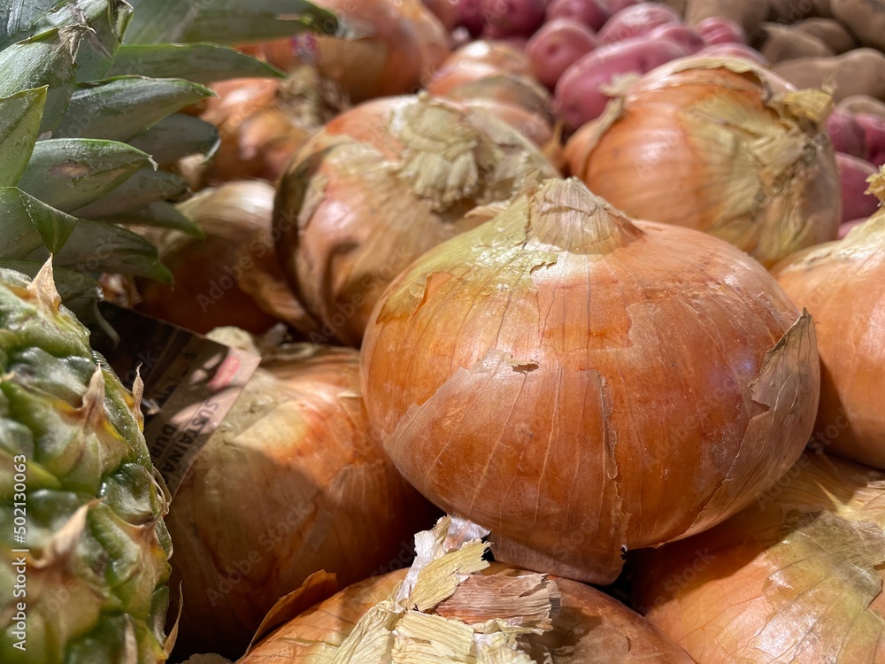 Retail produce yellow onions and background Retail produce yellow onions and background