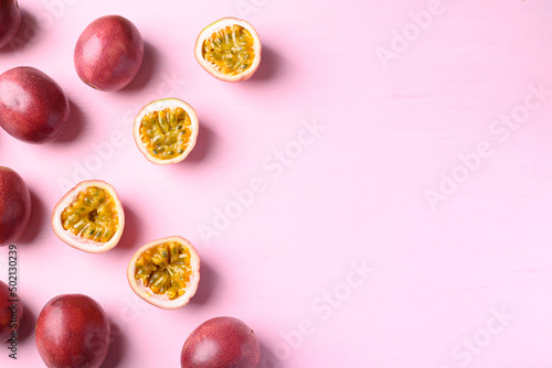 Fresh passion fruit on pink background, Tropical fruit in summer season