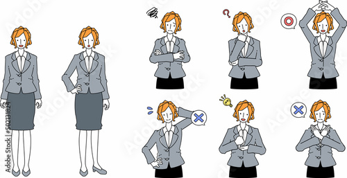 色々なポーズをとるするスーツ姿の女性のイラスト