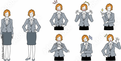 色々なポーズをとるするスーツ姿の女性のイラスト