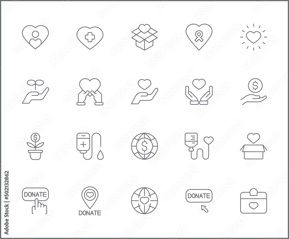 Set of Charity and Donation icons line style. It contains such Icons as blood, heart, save world, love, cross, ribbon, care, volunteer, fund, donor and other elements. Set of Charity and Donation icons line style. It contains such Icons as blood, heart, save world, love, cross, ribbon, care, volunteer, fund, donor and other elements.