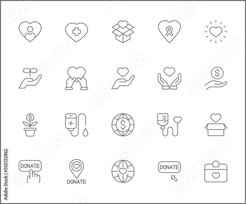 Set of Charity and Donation icons line style. It contains such Icons as blood, heart, save world, love, cross, ribbon, care, volunteer, fund, donor and other elements.