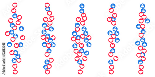 Likes hearts and thumbs flying up for stories and live streams. Like and thumbs icons for social media ui. Vector illlustration isolated in white background