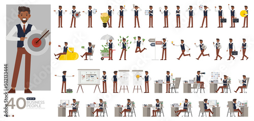 Big Set of businessman wear blue suit character vector design. Presentation in various action. People working in office planning, thinking and economic analysis.