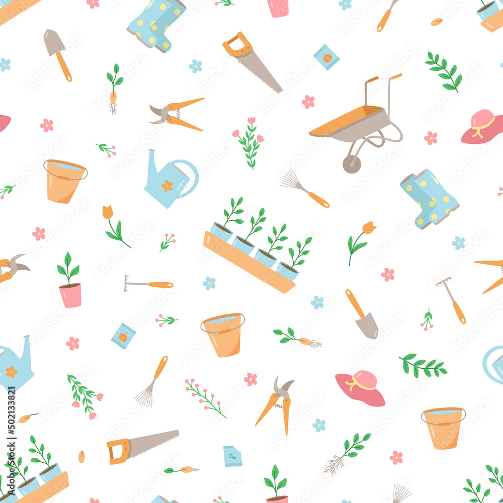 Seamless pattern Garden tools and plants, a set of vector doodle illustrations. Concept gardening, a summer hobby, Seamless pattern Garden tools and plants, a set of vector doodle illustrations. Concept gardening, a summer hobby,
